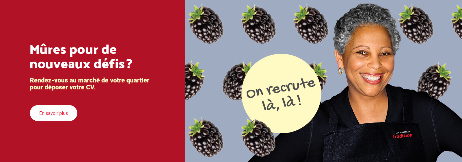 Lecture du texte 'Êtes-vous prêt à relever un défi parce que nous embauchons dès maintenant ! Rendez-vous au marché de votre quartier pour déposer votre CV. Pour en savoir plus, cliquez sur le bouton 'En savoir plus' ci-dessous.